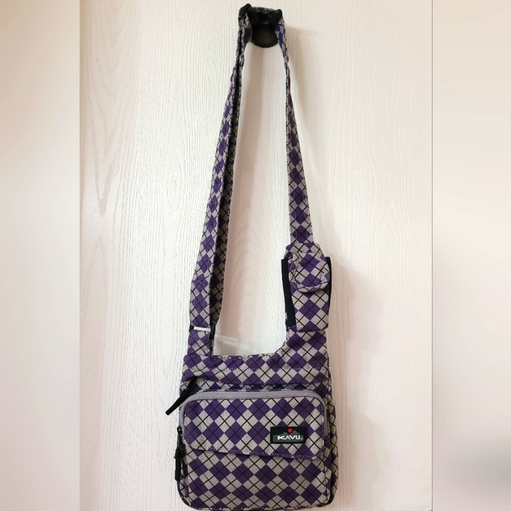 Kavu Seattle Sling Medium size Purple and Gray Argyle Pattern Crossbody Purse